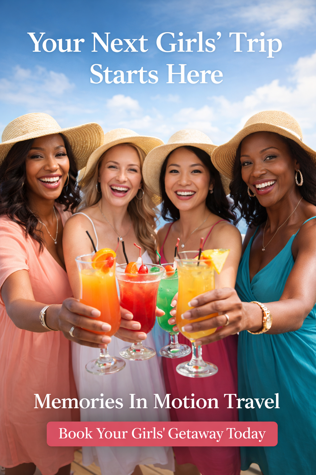 Group of friends celebrating on a tropical vacation